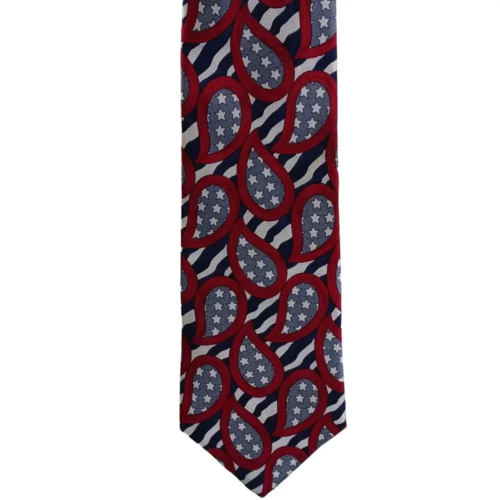 American Traditions Necktie Italian Silk Red White Blue Paisley Stars Patriotic